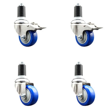 Service Caster 3.5 Inch 316SS Blue Polyurethane Swivel 1-1/2 Inch Stem Caster Lock Brake, 2PK SS316TTLEX20S3514-PPUB-BLUE-2-S2-112